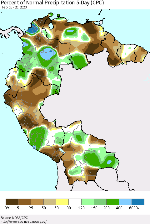 Northern South America Percent of Normal Precipitation 5-Day (CPC) Thematic Map For 2/16/2023 - 2/20/2023
