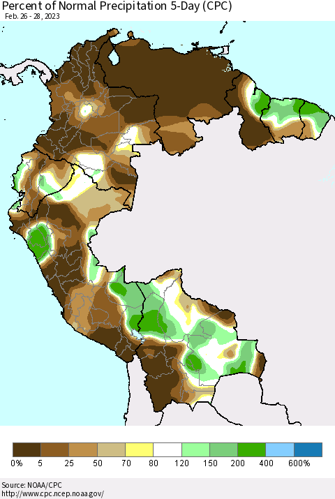Northern South America Percent of Normal Precipitation 5-Day (CPC) Thematic Map For 2/26/2023 - 2/28/2023