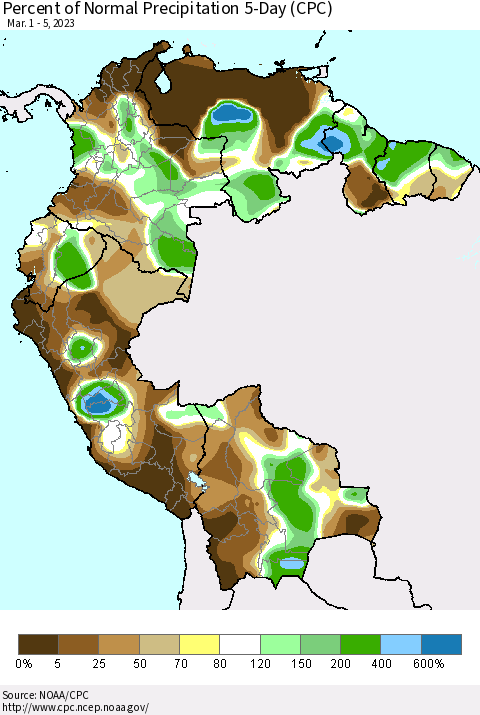Northern South America Percent of Normal Precipitation 5-Day (CPC) Thematic Map For 3/1/2023 - 3/5/2023