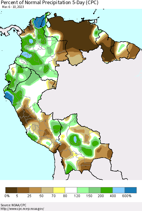Northern South America Percent of Normal Precipitation 5-Day (CPC) Thematic Map For 3/6/2023 - 3/10/2023