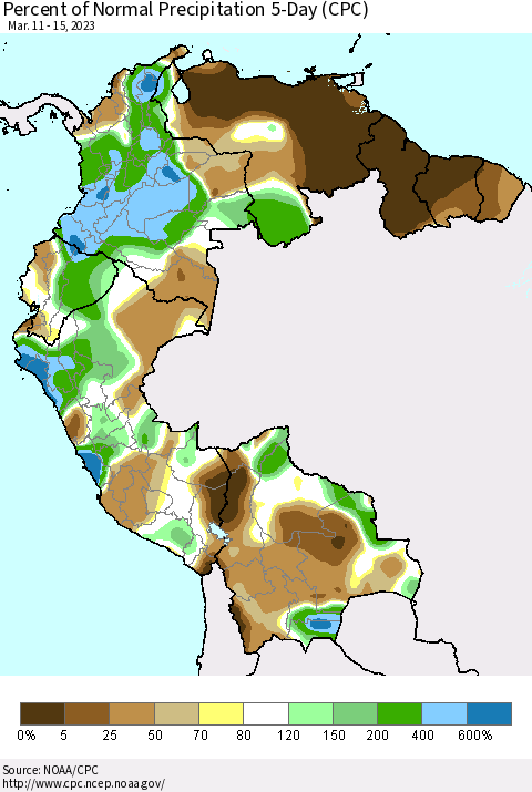 Northern South America Percent of Normal Precipitation 5-Day (CPC) Thematic Map For 3/11/2023 - 3/15/2023