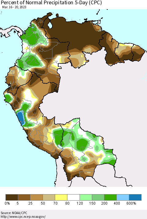Northern South America Percent of Normal Precipitation 5-Day (CPC) Thematic Map For 3/16/2023 - 3/20/2023