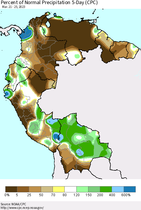 Northern South America Percent of Normal Precipitation 5-Day (CPC) Thematic Map For 3/21/2023 - 3/25/2023