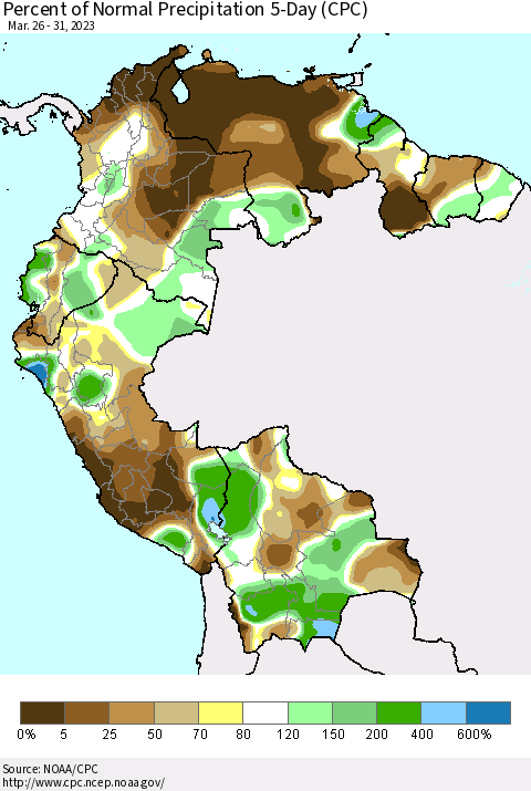 Northern South America Percent of Normal Precipitation 5-Day (CPC) Thematic Map For 3/26/2023 - 3/31/2023