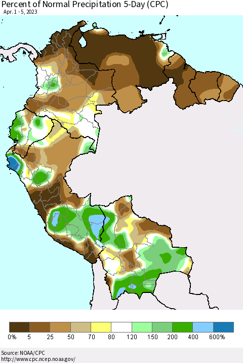 Northern South America Percent of Normal Precipitation 5-Day (CPC) Thematic Map For 4/1/2023 - 4/5/2023