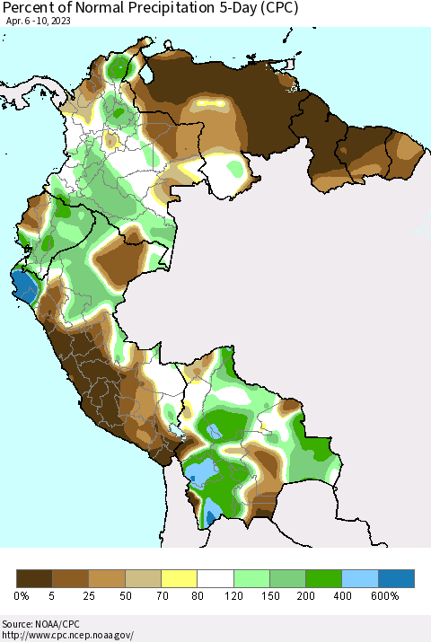 Northern South America Percent of Normal Precipitation 5-Day (CPC) Thematic Map For 4/6/2023 - 4/10/2023