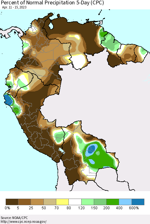 Northern South America Percent of Normal Precipitation 5-Day (CPC) Thematic Map For 4/11/2023 - 4/15/2023