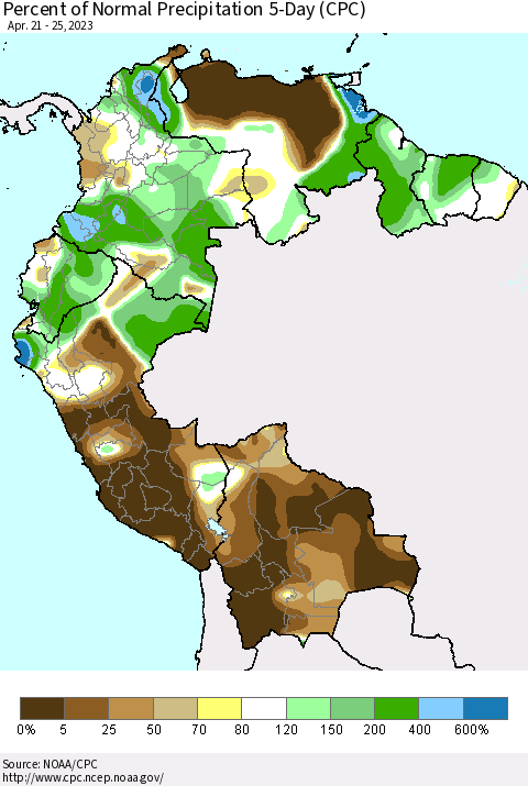 Northern South America Percent of Normal Precipitation 5-Day (CPC) Thematic Map For 4/21/2023 - 4/25/2023