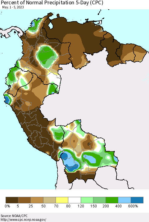 Northern South America Percent of Normal Precipitation 5-Day (CPC) Thematic Map For 5/1/2023 - 5/5/2023