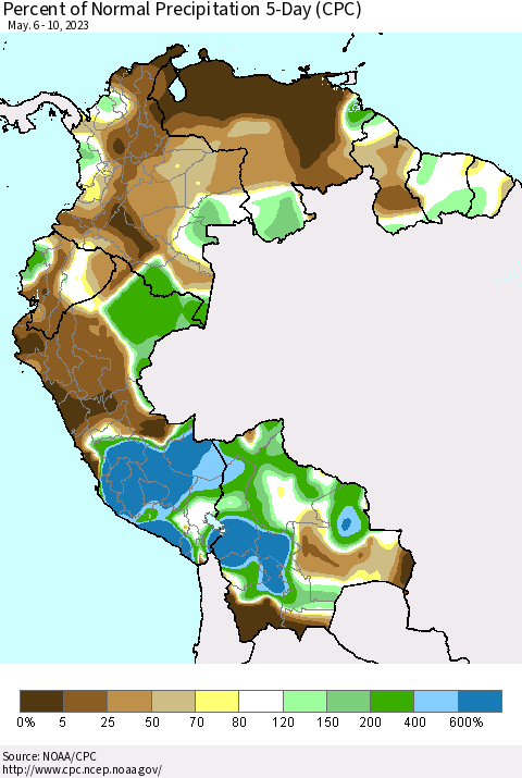 Northern South America Percent of Normal Precipitation 5-Day (CPC) Thematic Map For 5/6/2023 - 5/10/2023