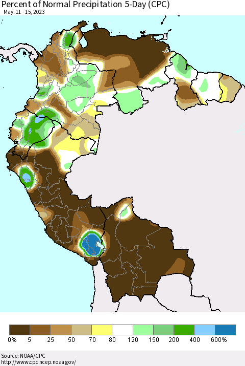 Northern South America Percent of Normal Precipitation 5-Day (CPC) Thematic Map For 5/11/2023 - 5/15/2023