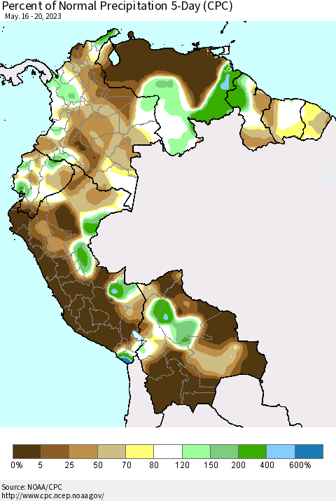 Northern South America Percent of Normal Precipitation 5-Day (CPC) Thematic Map For 5/16/2023 - 5/20/2023