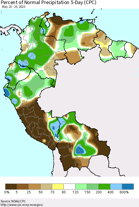 Northern South America Percent of Normal Precipitation 5-Day (CPC) Thematic Map For 5/21/2023 - 5/25/2023