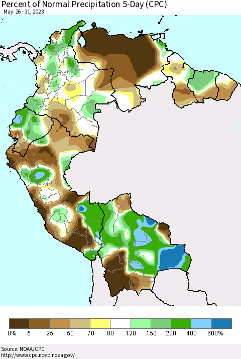 Northern South America Percent of Normal Precipitation 5-Day (CPC) Thematic Map For 5/26/2023 - 5/31/2023