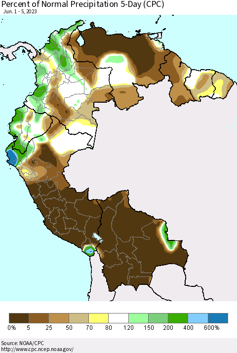 Northern South America Percent of Normal Precipitation 5-Day (CPC) Thematic Map For 6/1/2023 - 6/5/2023