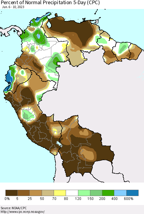 Northern South America Percent of Normal Precipitation 5-Day (CPC) Thematic Map For 6/6/2023 - 6/10/2023