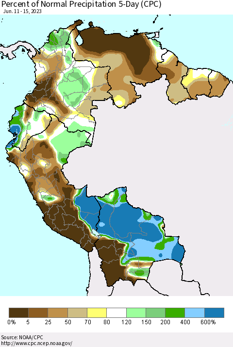 Northern South America Percent of Normal Precipitation 5-Day (CPC) Thematic Map For 6/11/2023 - 6/15/2023