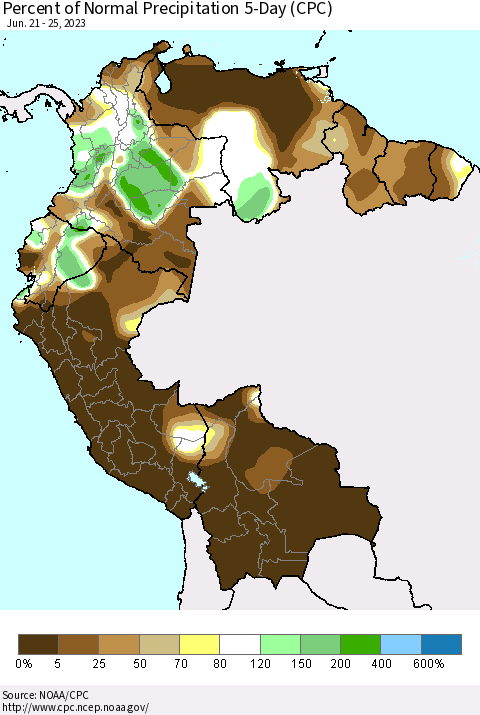 Northern South America Percent of Normal Precipitation 5-Day (CPC) Thematic Map For 6/21/2023 - 6/25/2023