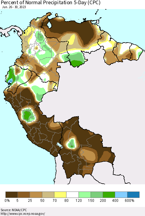 Northern South America Percent of Normal Precipitation 5-Day (CPC) Thematic Map For 6/26/2023 - 6/30/2023