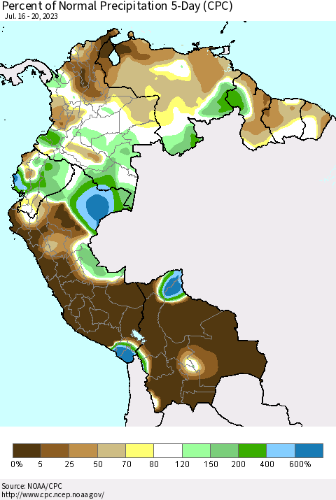 Northern South America Percent of Normal Precipitation 5-Day (CPC) Thematic Map For 7/16/2023 - 7/20/2023