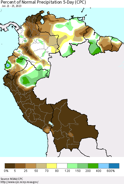 Northern South America Percent of Normal Precipitation 5-Day (CPC) Thematic Map For 7/21/2023 - 7/25/2023