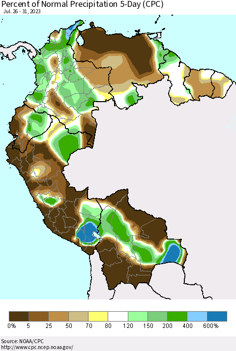 Northern South America Percent of Normal Precipitation 5-Day (CPC) Thematic Map For 7/26/2023 - 7/31/2023