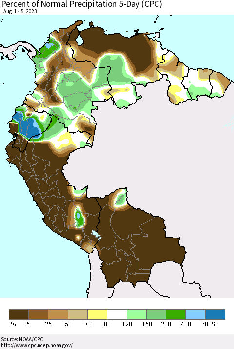 Northern South America Percent of Normal Precipitation 5-Day (CPC) Thematic Map For 8/1/2023 - 8/5/2023