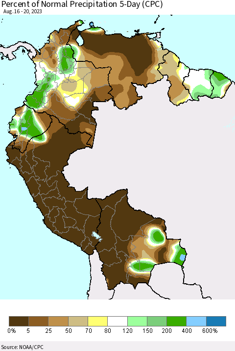 Northern South America Percent of Normal Precipitation 5-Day (CPC) Thematic Map For 8/16/2023 - 8/20/2023