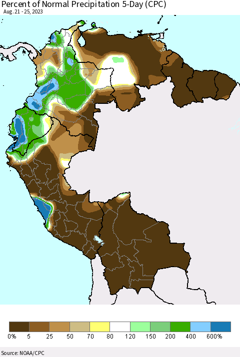 Northern South America Percent of Normal Precipitation 5-Day (CPC) Thematic Map For 8/21/2023 - 8/25/2023