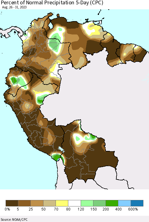 Northern South America Percent of Normal Precipitation 5-Day (CPC) Thematic Map For 8/26/2023 - 8/31/2023
