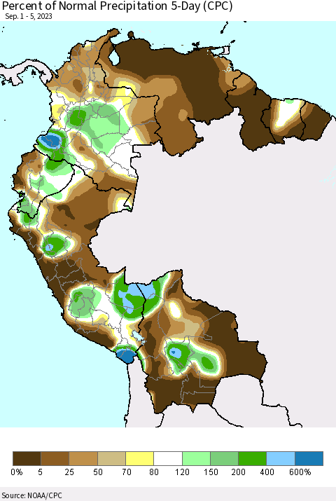 Northern South America Percent of Normal Precipitation 5-Day (CPC) Thematic Map For 9/1/2023 - 9/5/2023