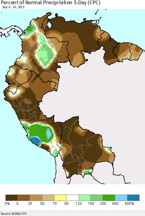 Northern South America Percent of Normal Precipitation 5-Day (CPC) Thematic Map For 9/6/2023 - 9/10/2023