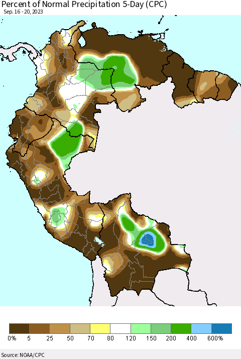 Northern South America Percent of Normal Precipitation 5-Day (CPC) Thematic Map For 9/16/2023 - 9/20/2023