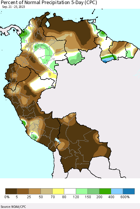 Northern South America Percent of Normal Precipitation 5-Day (CPC) Thematic Map For 9/21/2023 - 9/25/2023