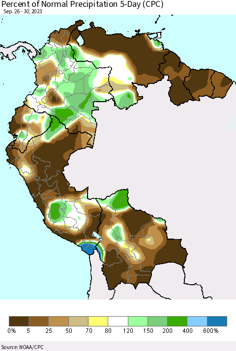 Northern South America Percent of Normal Precipitation 5-Day (CPC) Thematic Map For 9/26/2023 - 9/30/2023