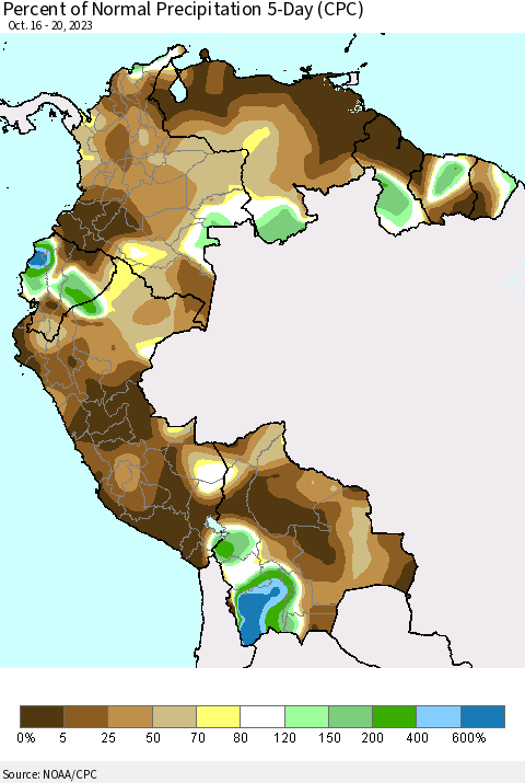 Northern South America Percent of Normal Precipitation 5-Day (CPC) Thematic Map For 10/16/2023 - 10/20/2023
