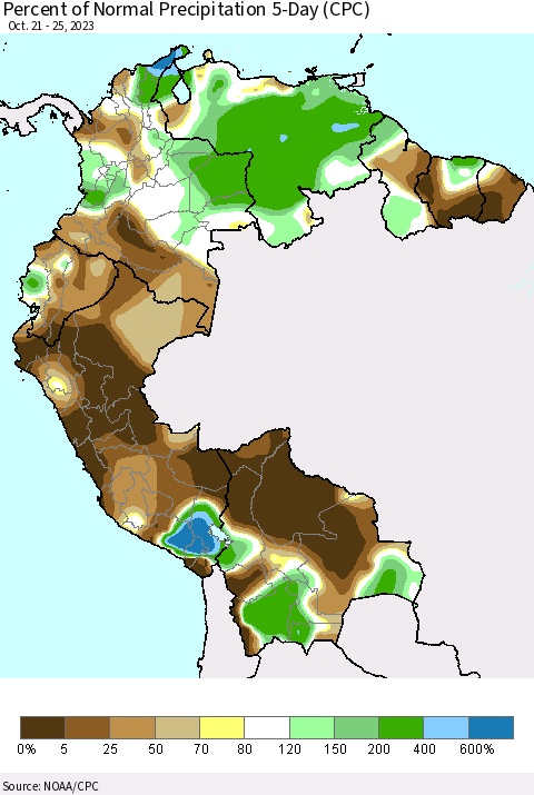 Northern South America Percent of Normal Precipitation 5-Day (CPC) Thematic Map For 10/21/2023 - 10/25/2023