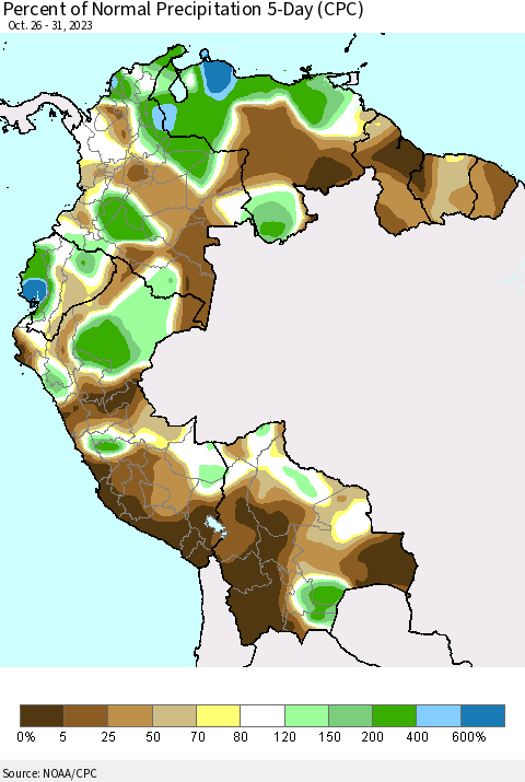Northern South America Percent of Normal Precipitation 5-Day (CPC) Thematic Map For 10/26/2023 - 10/31/2023