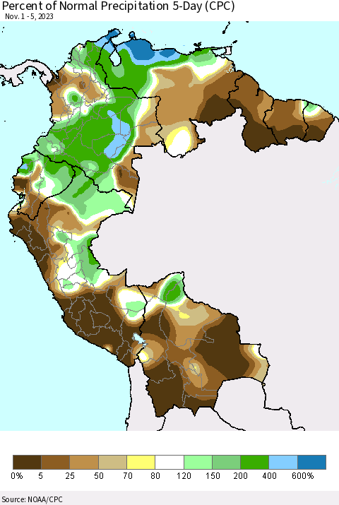 Northern South America Percent of Normal Precipitation 5-Day (CPC) Thematic Map For 11/1/2023 - 11/5/2023