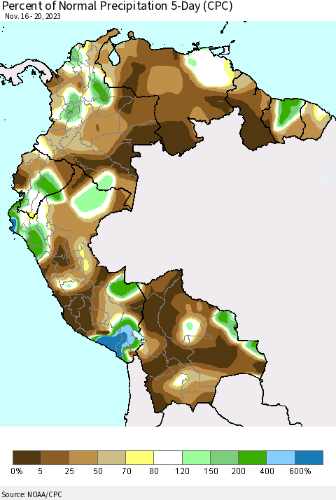Northern South America Percent of Normal Precipitation 5-Day (CPC) Thematic Map For 11/16/2023 - 11/20/2023
