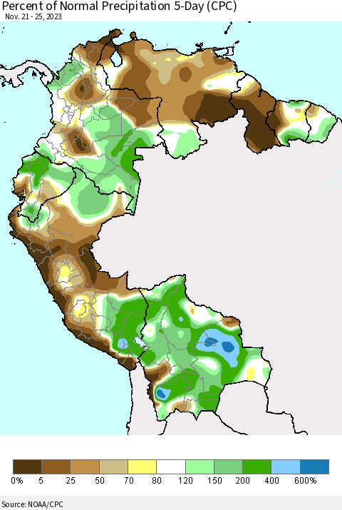 Northern South America Percent of Normal Precipitation 5-Day (CPC) Thematic Map For 11/21/2023 - 11/25/2023