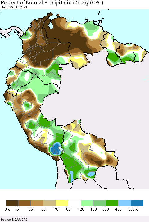 Northern South America Percent of Normal Precipitation 5-Day (CPC) Thematic Map For 11/26/2023 - 11/30/2023