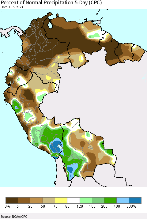 Northern South America Percent of Normal Precipitation 5-Day (CPC) Thematic Map For 12/1/2023 - 12/5/2023