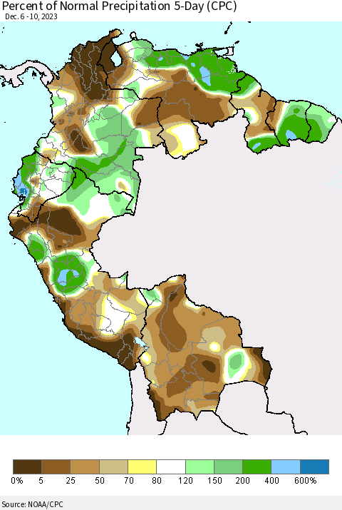 Northern South America Percent of Normal Precipitation 5-Day (CPC) Thematic Map For 12/6/2023 - 12/10/2023