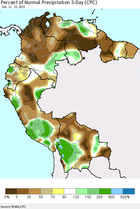 Northern South America Percent of Normal Precipitation 5-Day (CPC) Thematic Map For 12/11/2023 - 12/15/2023