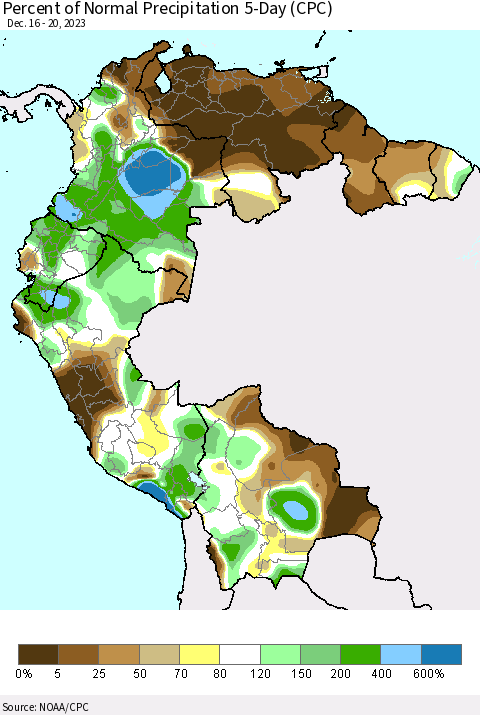 Northern South America Percent of Normal Precipitation 5-Day (CPC) Thematic Map For 12/16/2023 - 12/20/2023