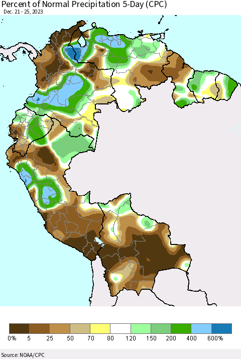 Northern South America Percent of Normal Precipitation 5-Day (CPC) Thematic Map For 12/21/2023 - 12/25/2023
