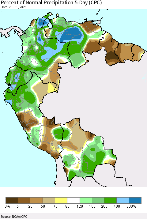 Northern South America Percent of Normal Precipitation 5-Day (CPC) Thematic Map For 12/26/2023 - 12/31/2023