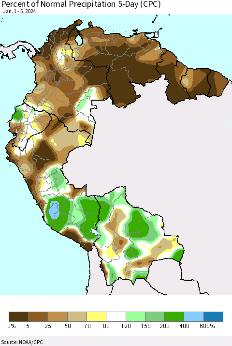 Northern South America Percent of Normal Precipitation 5-Day (CPC) Thematic Map For 1/1/2024 - 1/5/2024