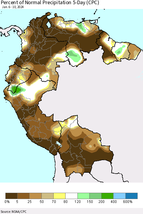 Northern South America Percent of Normal Precipitation 5-Day (CPC) Thematic Map For 1/6/2024 - 1/10/2024